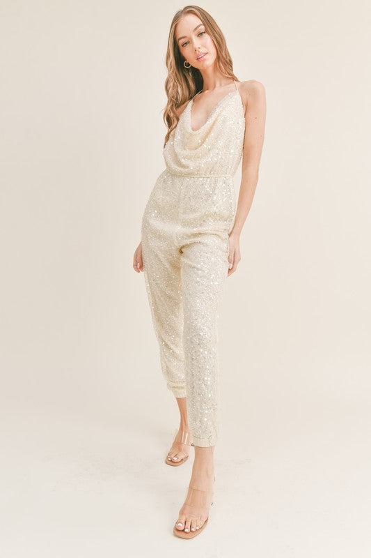 The Night Is Young Pearl and Sequin Belted Jumpsuit