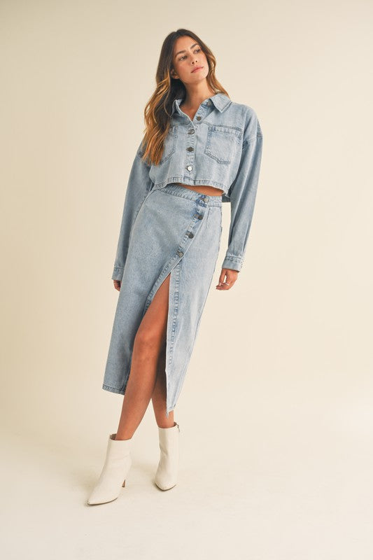 Just Getting Started Denim Jacket and Midi Skirt Set