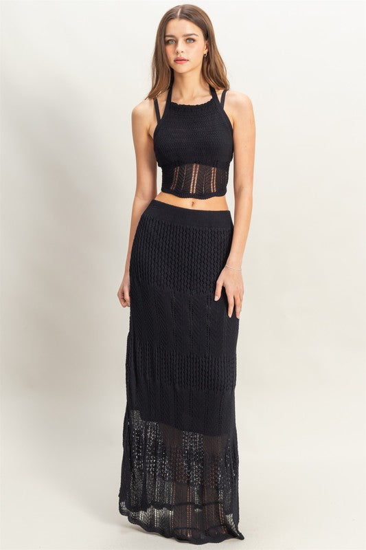 See You In Paradise Black Crochet Maxi Skirt Set
