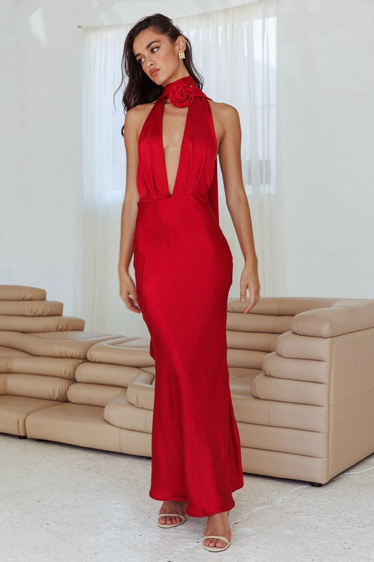 Femme Fatale Red Satin Maxi Dress