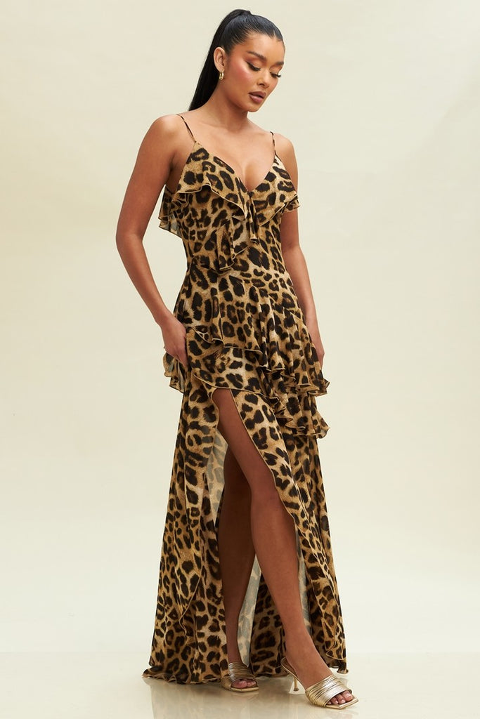 Hits The Spot Ruffle Leopard Maxi Dress