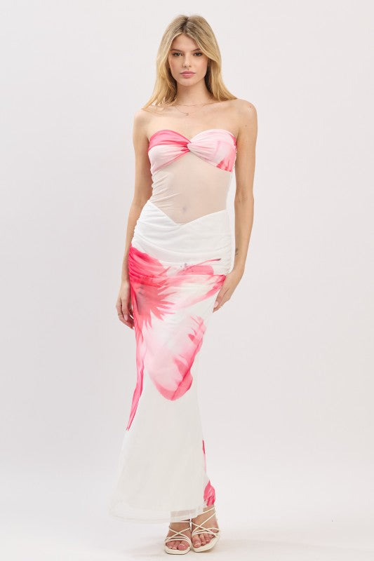 Paraiso Mesh Floral Print Maxi Dress