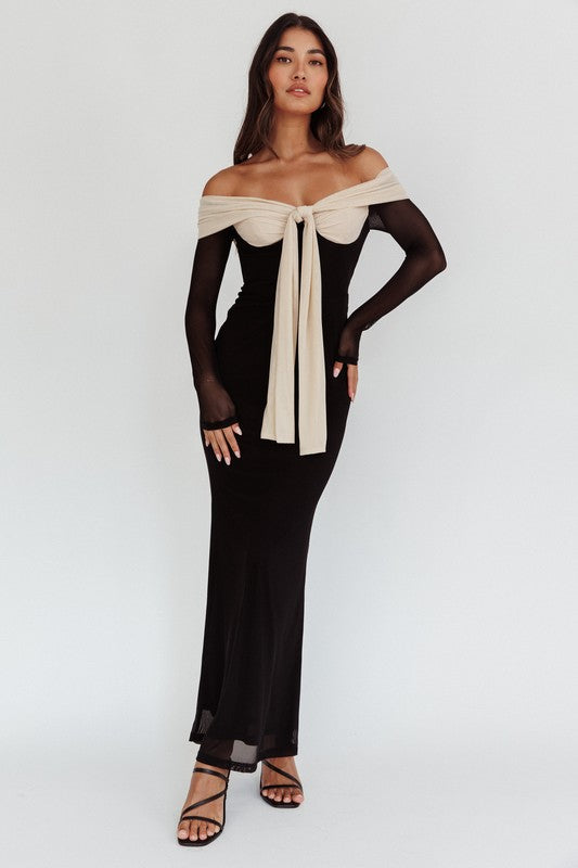 Strangers In The Night Off Shoulder Black Tie Maxi Dress