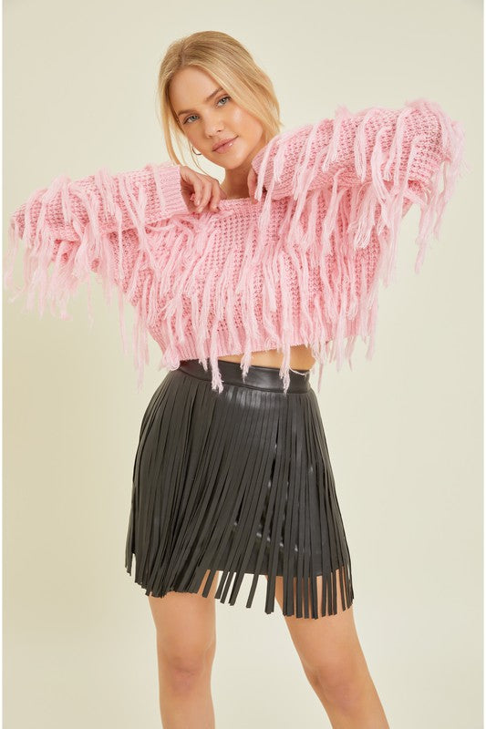 Fringe Benefits Pink Fringe Cropped Sweater