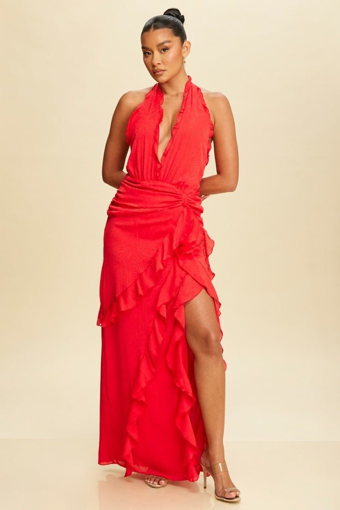 Here For The Frill Red Ruffle Maxi Dress