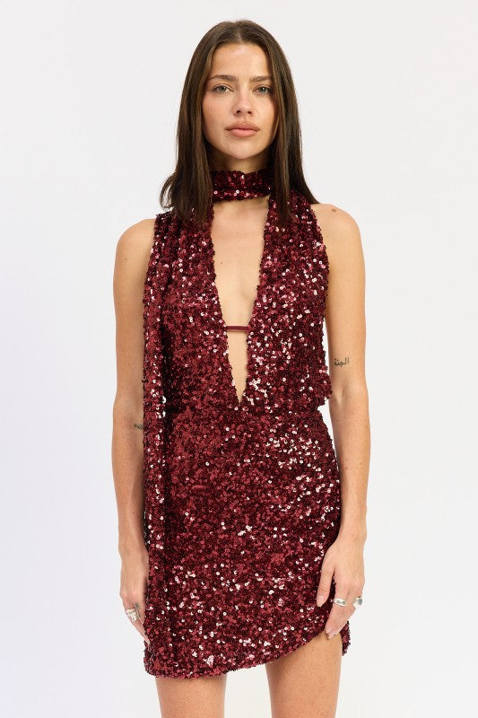 Cherry Bomb Halter Scarf Sequin Dress