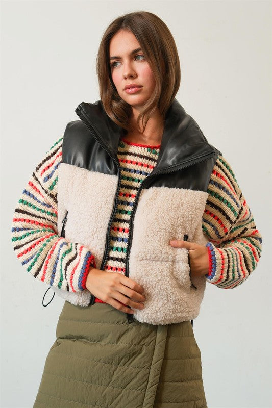 Moto Girl Sherpa Puffer Faux Leather Vest