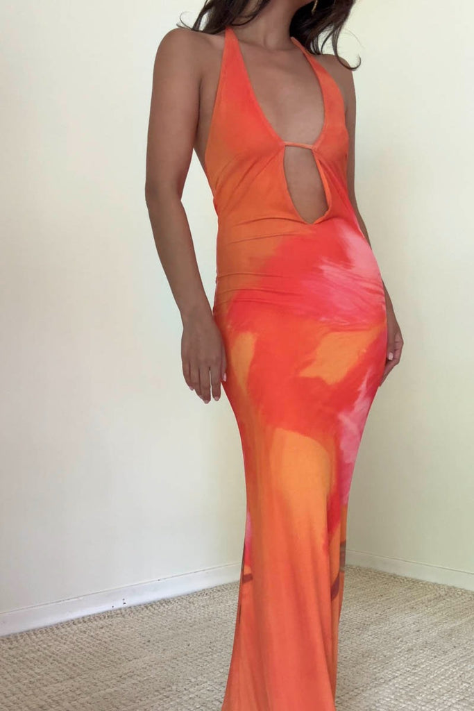 Temptation Orange Halter Mesh Maxi Dress