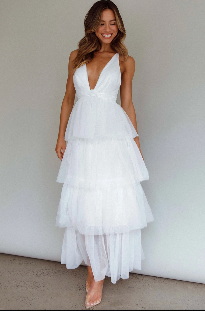A Bridal Moment White Tulle Tiered Maxi Dress