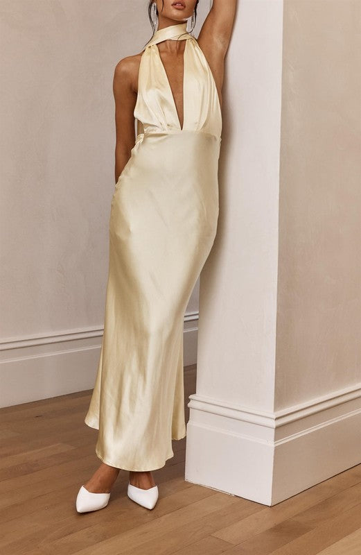 Andy Yellow Satin Halter Maxi Dress