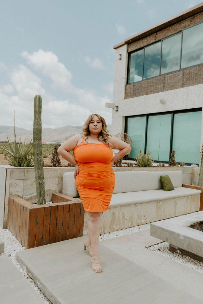 Too Hot To Handle Orange Ruched Plus Size Midi Dress