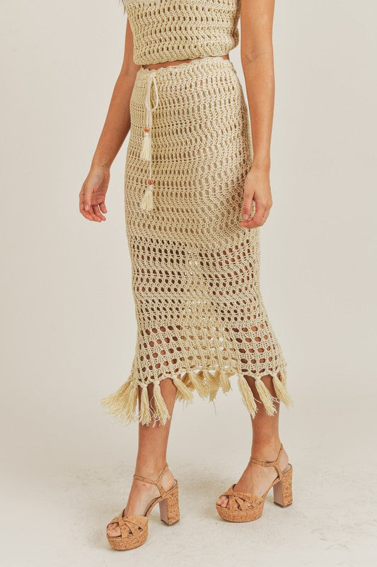 Sunsets In Tulum Crochet Fringe Midi Skirt