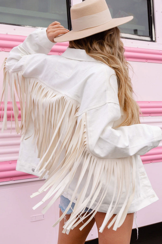 Tailgate White Fringe Denim Jacket